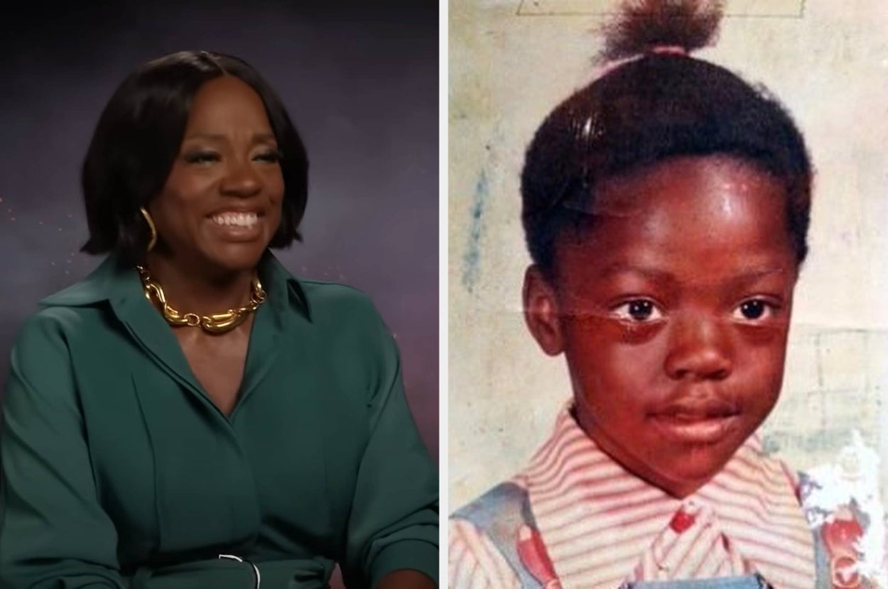 Adult in a green shirt smiles in an interview. Split with a childhood photo of the same person wearing a striped shirt and having a short ponytail