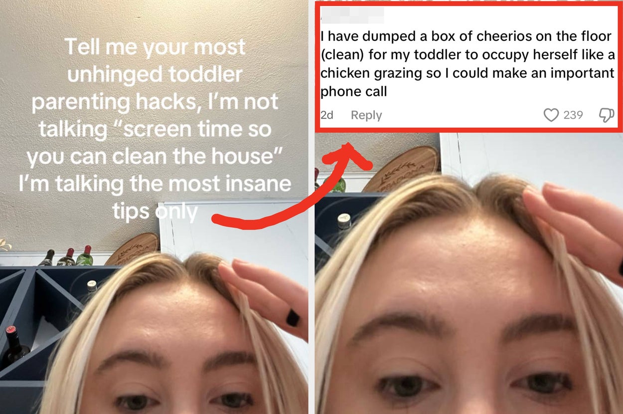 Person looking up, response text on screen: "I have dumped a box of cheerios on the floor (clean) for my toddler to occupy herself like a chicken grazing."