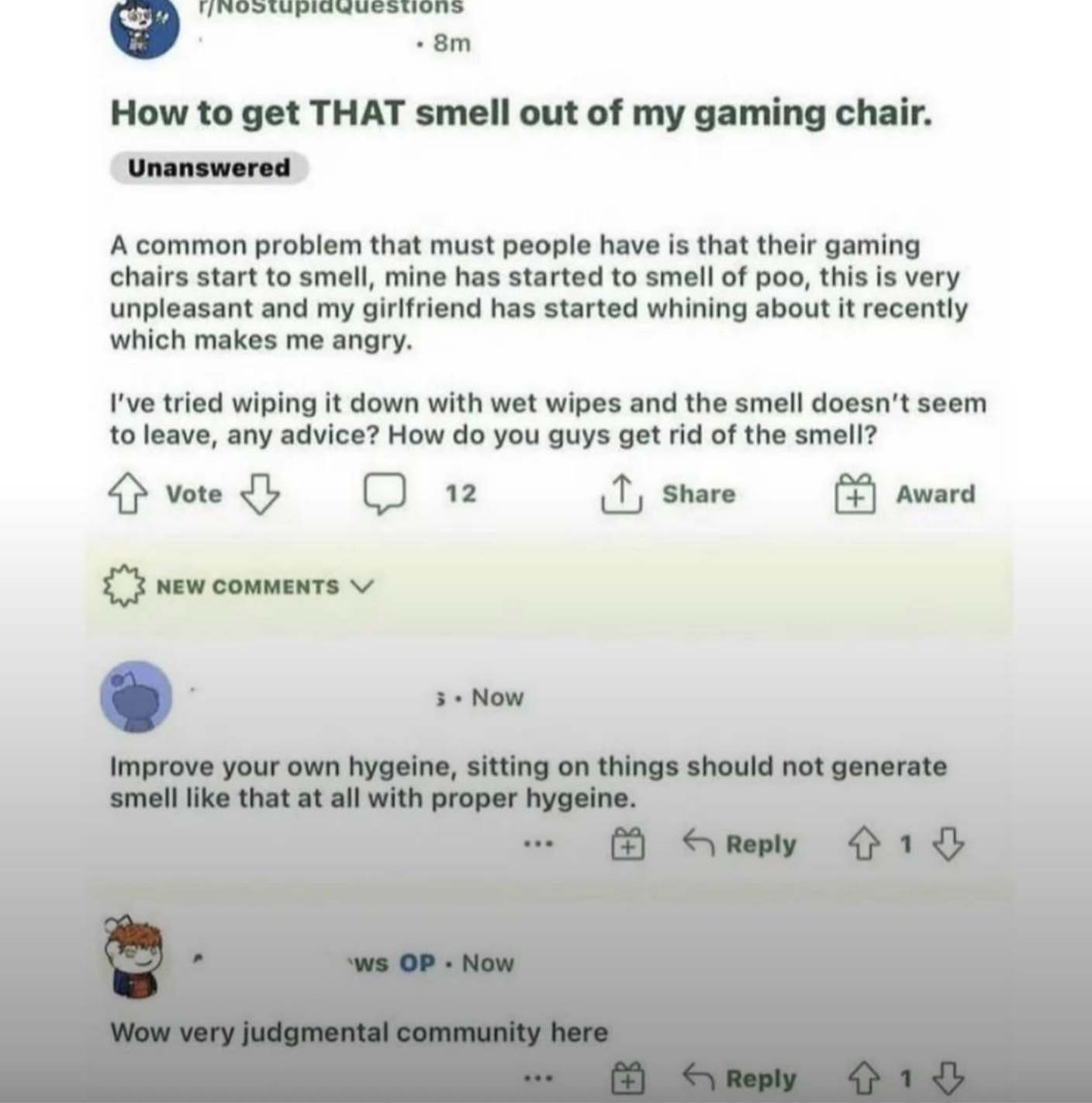 Summary of a social media post: A user asks for advice on removing a smell from their gaming chair, mentions trying wet wipes, and receives a comment about hygiene
