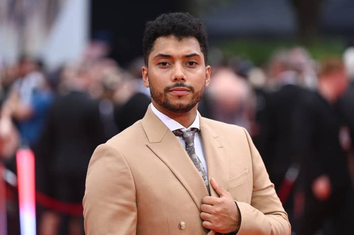 Person on red carpet wearing a tailored suit with a patterned tie. Background features blurred crowd and red carpet elements
