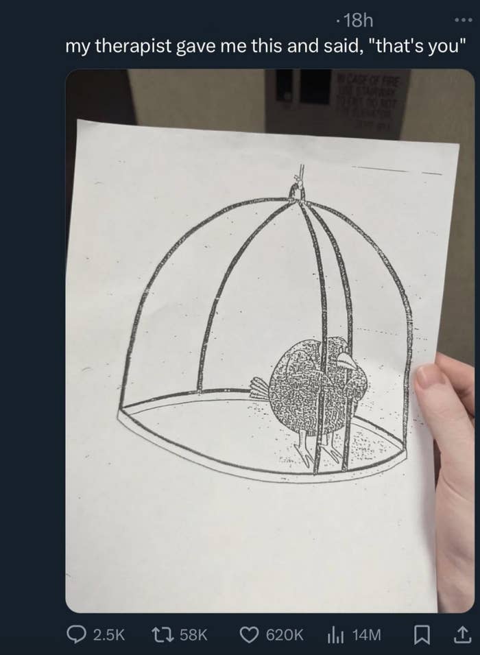 Hand holding a drawing of a bird inside a cage with a caption saying, "my therapist gave me this and said, 'that's you'."