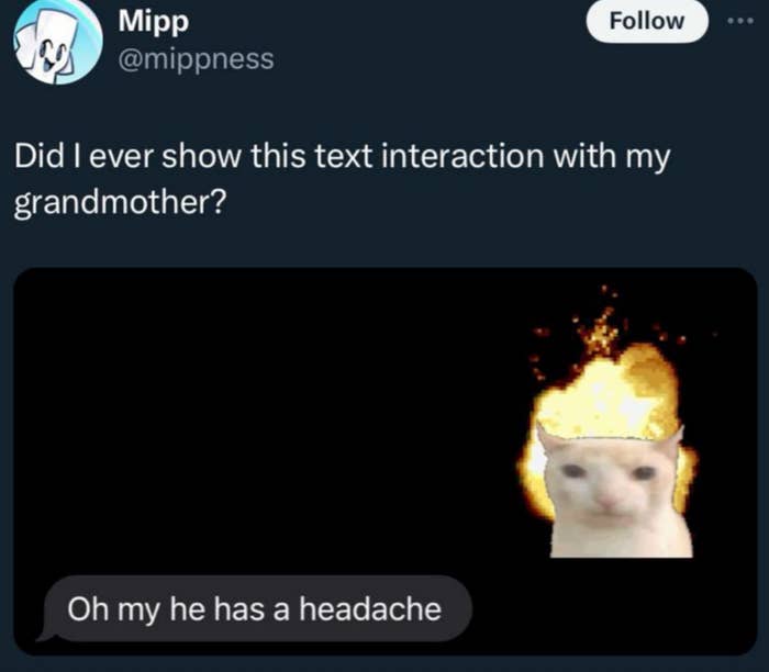 Social media post with a cat image and added flame effect. Text below says, "Oh my he has a headache."