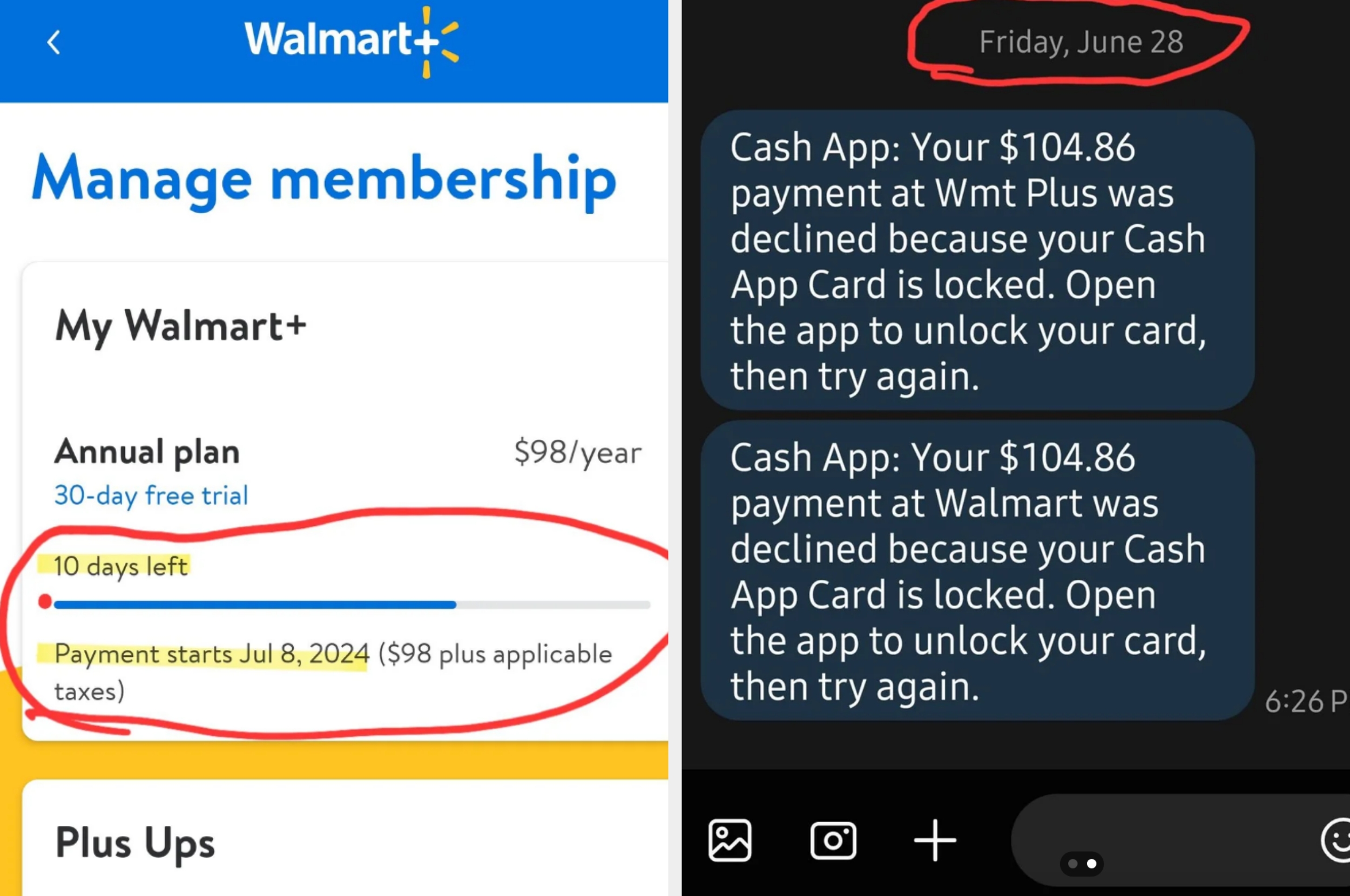 Walmart + membership free trial states it has 10 days left, but the person's account has already been charged