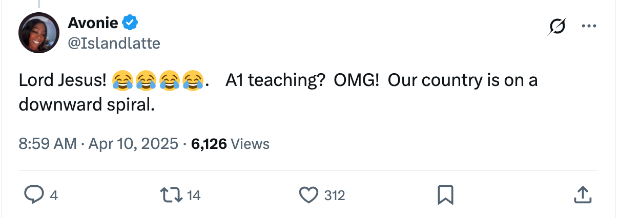 Tweet expressing concern about teaching quality in the country, accompanied by laughing emojis