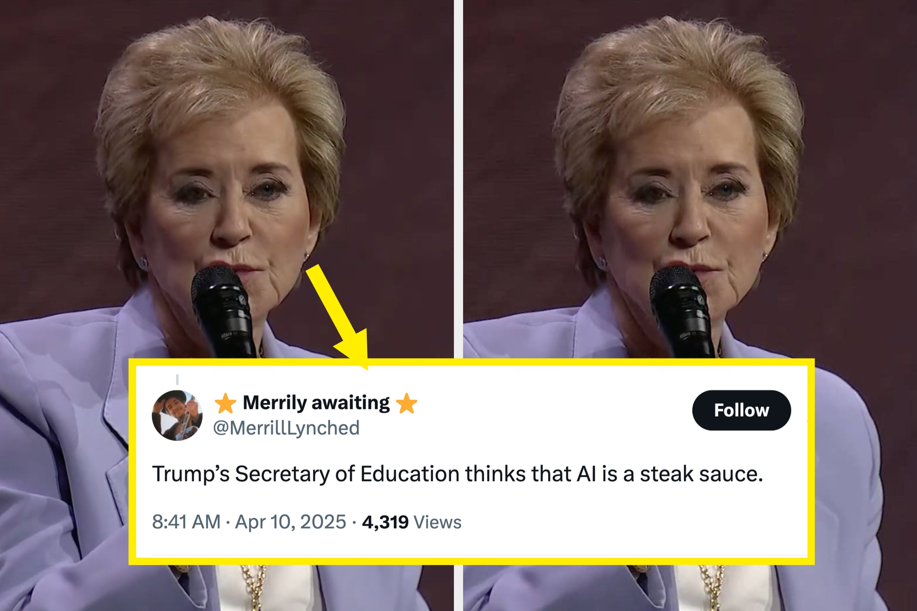Linda McMahon holding a microphone, wearing a light-colored jacket, speaking at ASU+GSV Summit