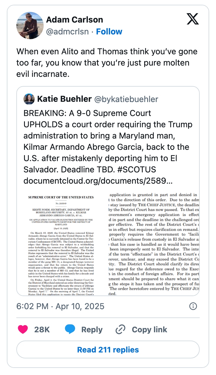 Tweet by Adam Carlson quoting another tweet by Katie Buehler. Katie mentions a Supreme Court decision upholding a Trump administration mistake