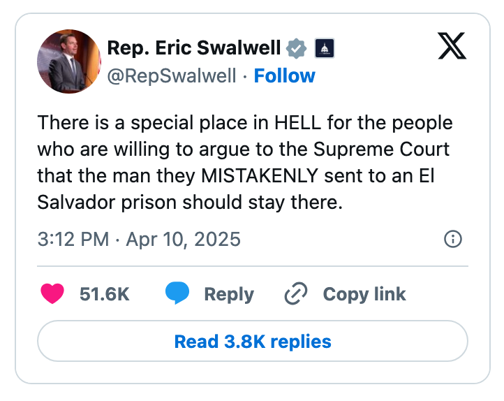 Tweet by Rep. Eric Swalwell criticizing a Supreme Court decision regarding a man's wrongful imprisonment in El Salvador
