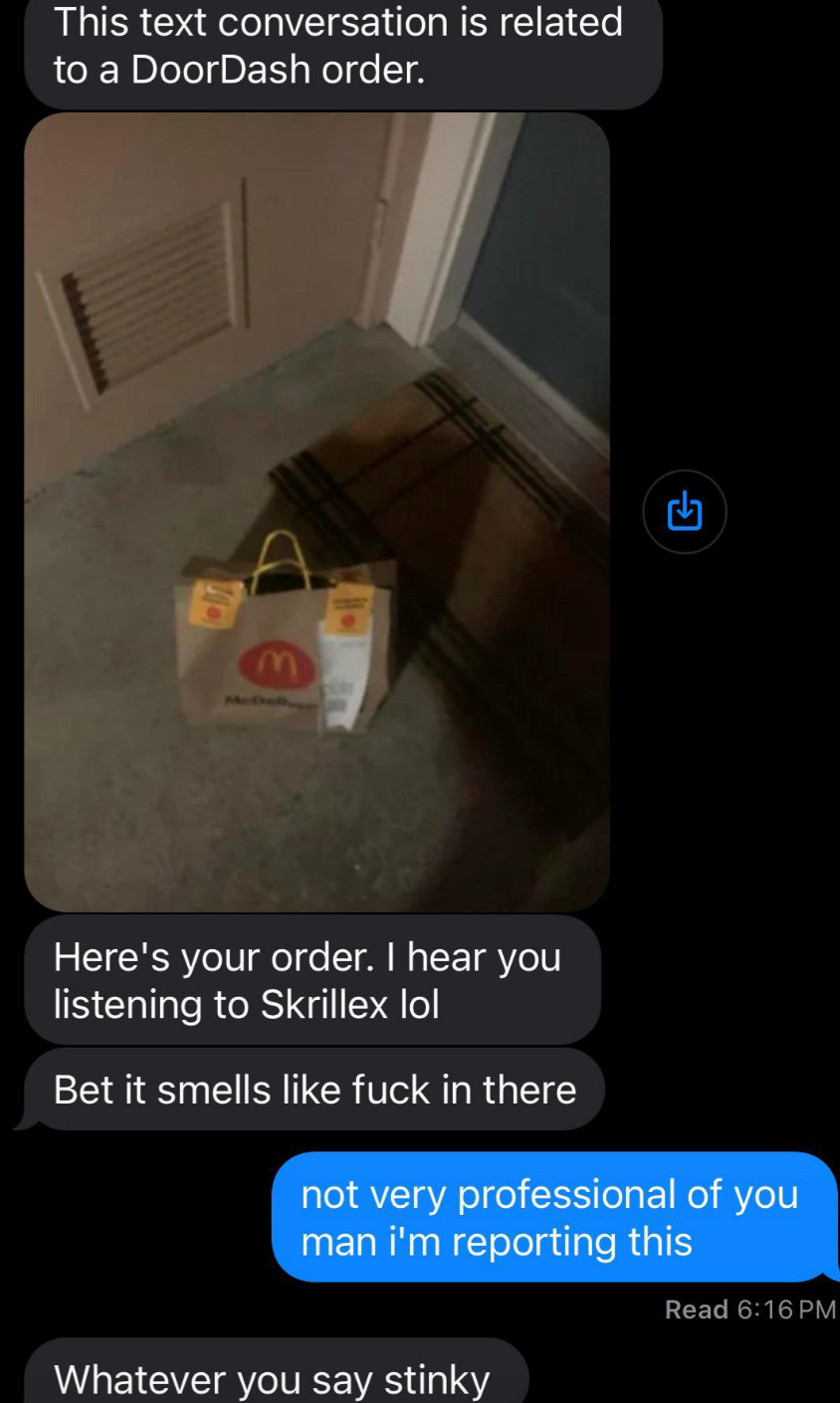 Screenshot of a text conversation about a DoorDash order involving a McDonald's bag. A comment mentions listening to Skrillex
