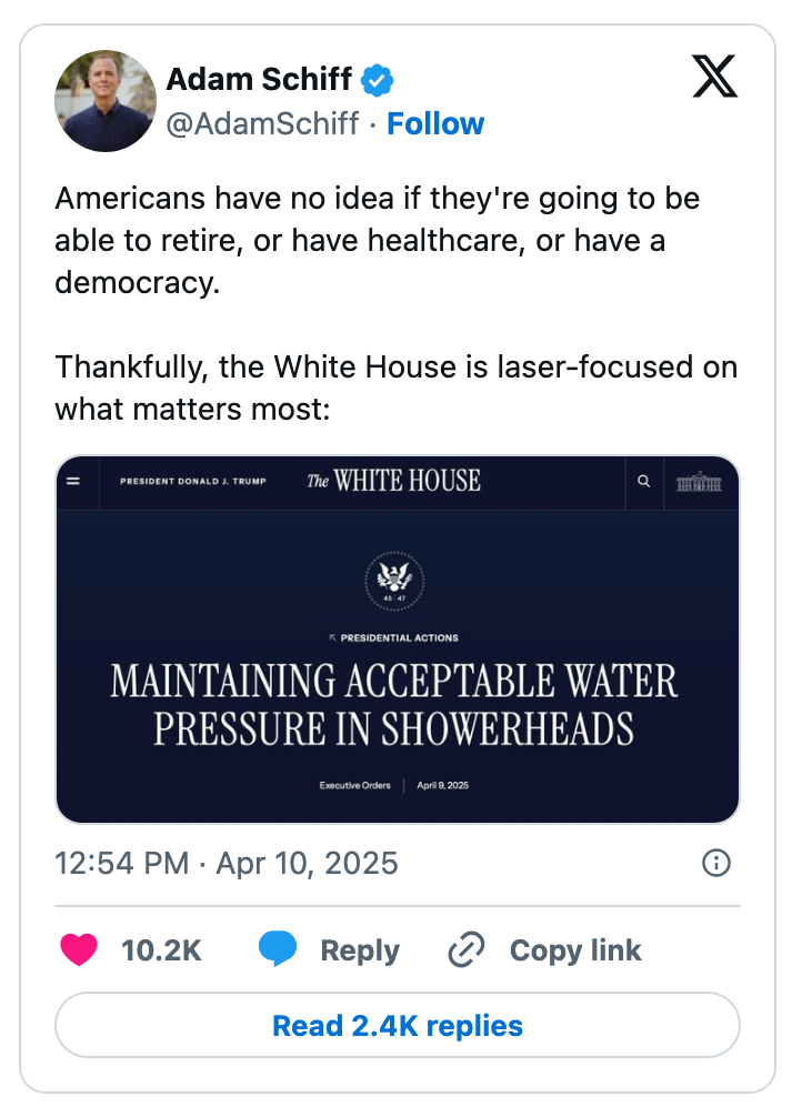 Social media post satirizing governmental priorities, highlighting a focus on showerhead regulations over issues like retirement, healthcare, and democracy