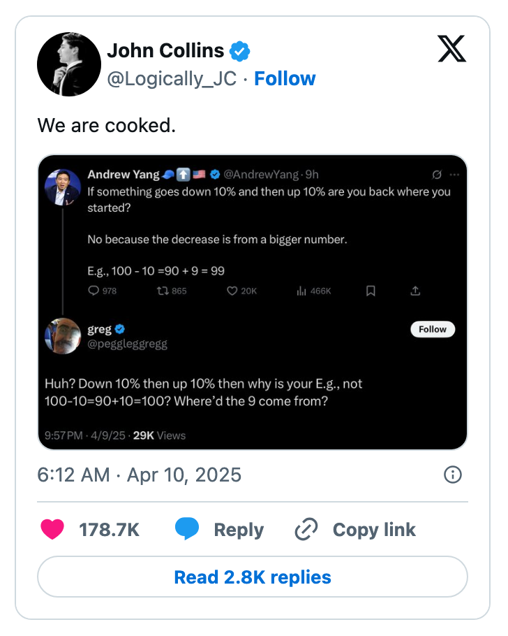 Tweet by John Collins sharing a discussion about percentage changes by Andrew Yang and Greg. Andrew explains a math concept; Greg questions it