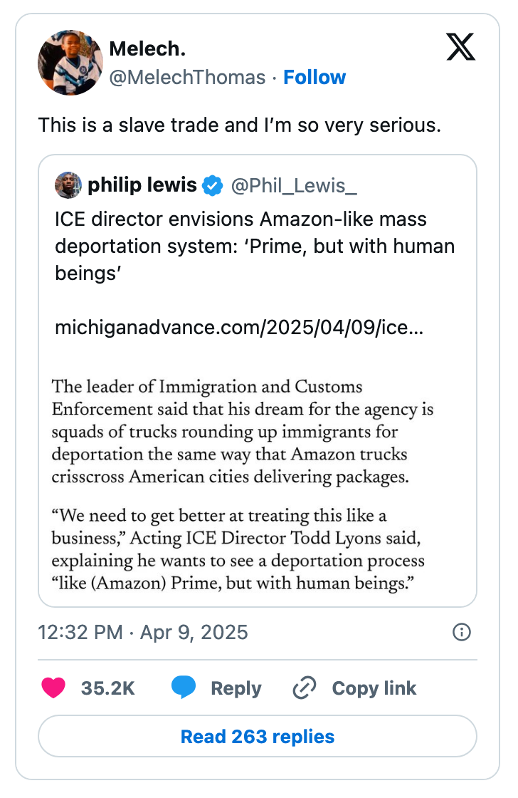 Tweet discussing ICE director envisioning Amazon-like mass deportation system, with emphasis on treating people as human beings rather than cargo