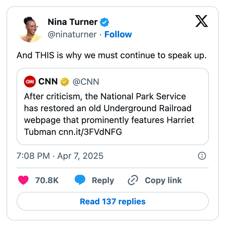 A tweet by Nina Turner highlights a CNN report on the National Park Service restoring an Underground Railroad webpage featuring Harriet Tubman