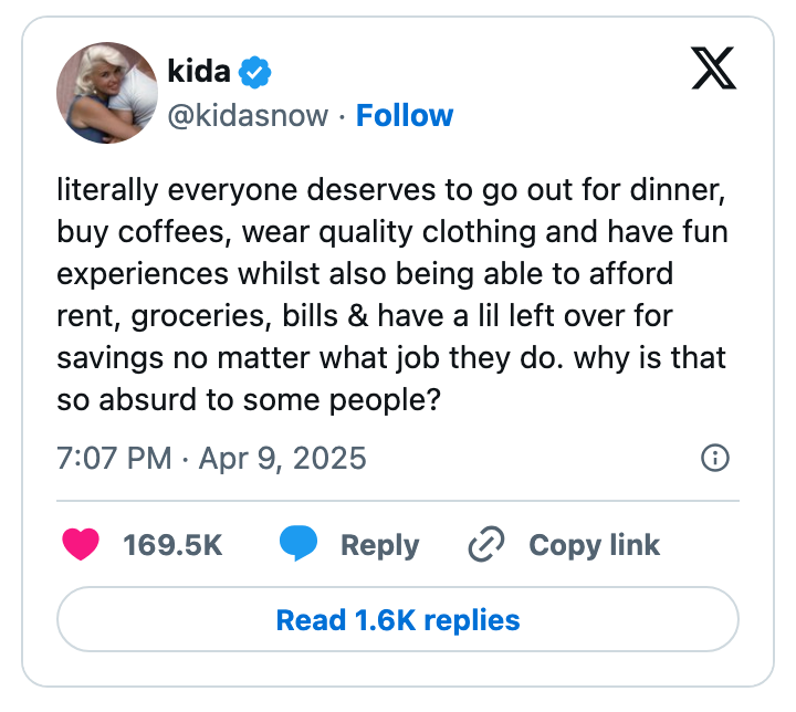 Tweet by user: Everyone deserves a good quality of life, with enough left for savings, regardless of job. Why is this concept absurd to some?