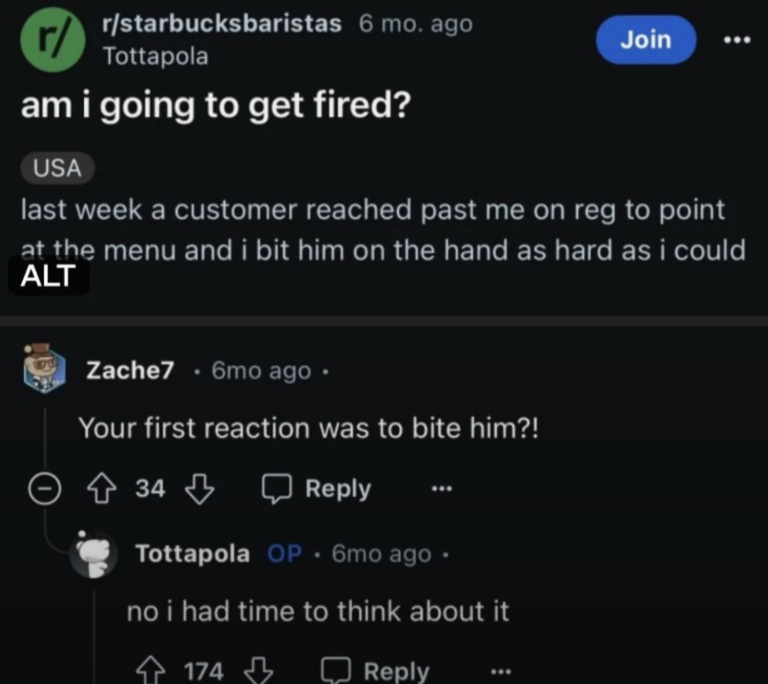 Reddit post by Tottapola asking if they'll get fired for biting a customer's hand. Responses express disbelief and query the action