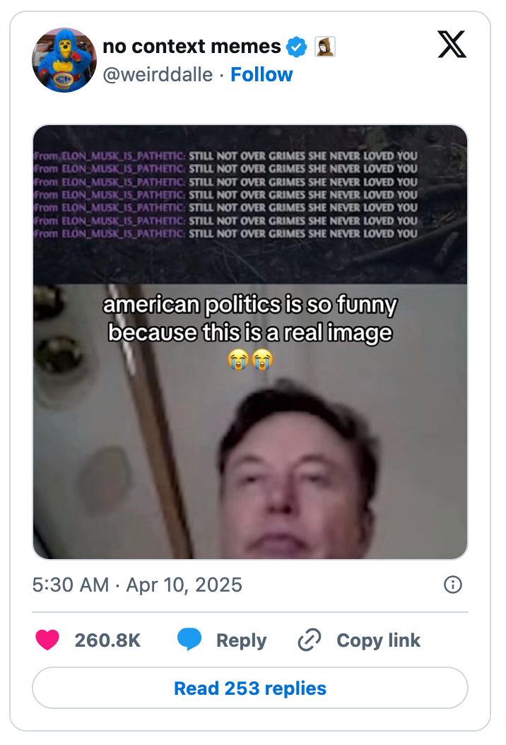 A man is shown below a text repeating, "STILL NOT OVER GRIMES SHE NEVER LOVED YOU," satirizing American politics