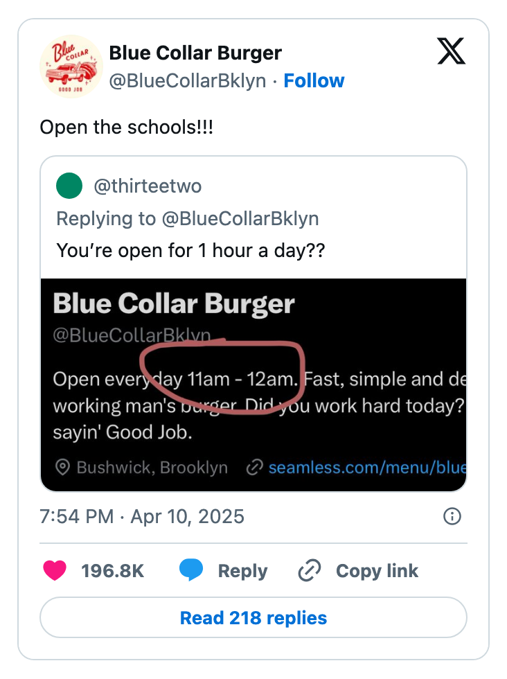 A social media post shows a comment questioning a burger restaurant's long hours, circling them from 11 a.m. to 12 a.m