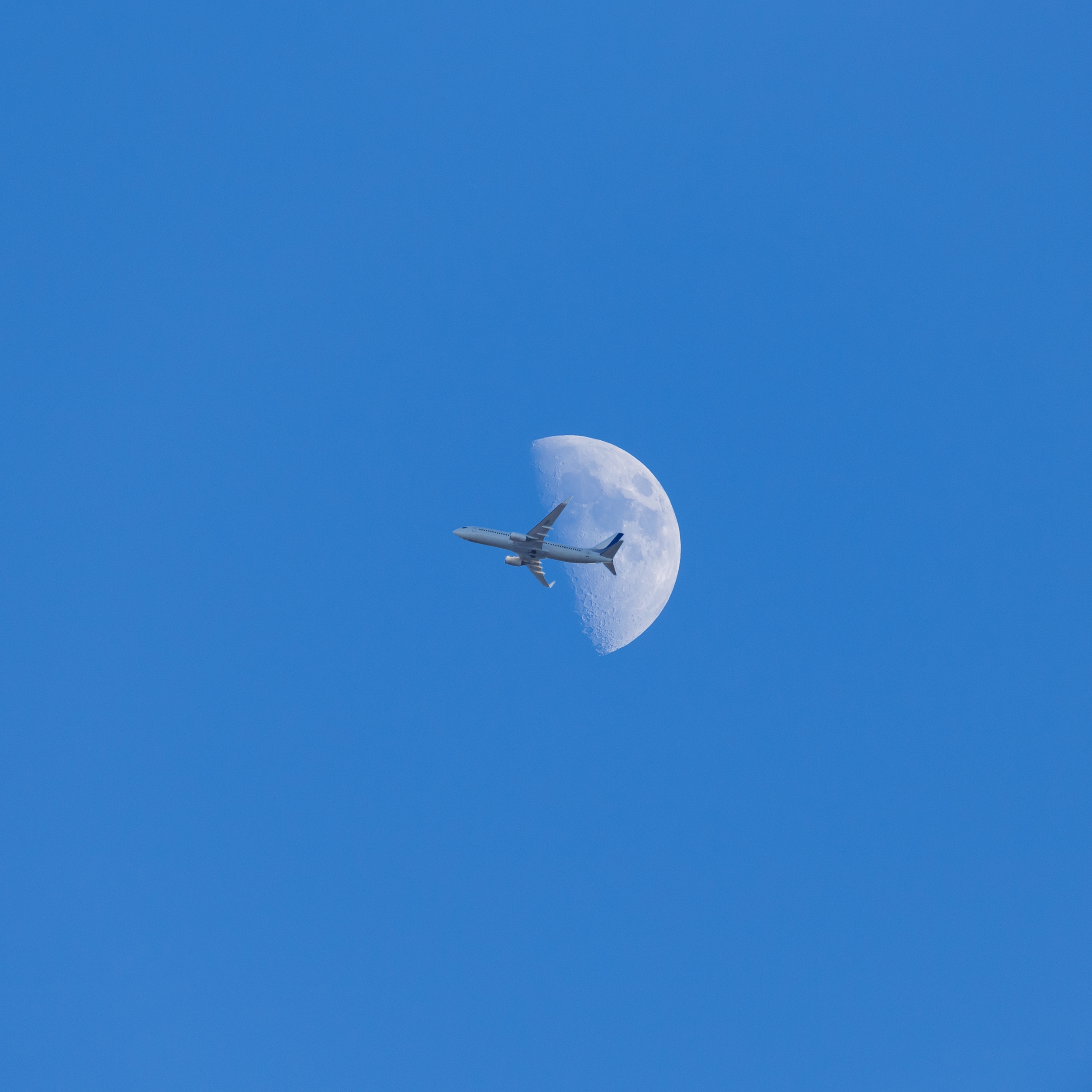 An airplane flies past a visible half-moon in a clear sky