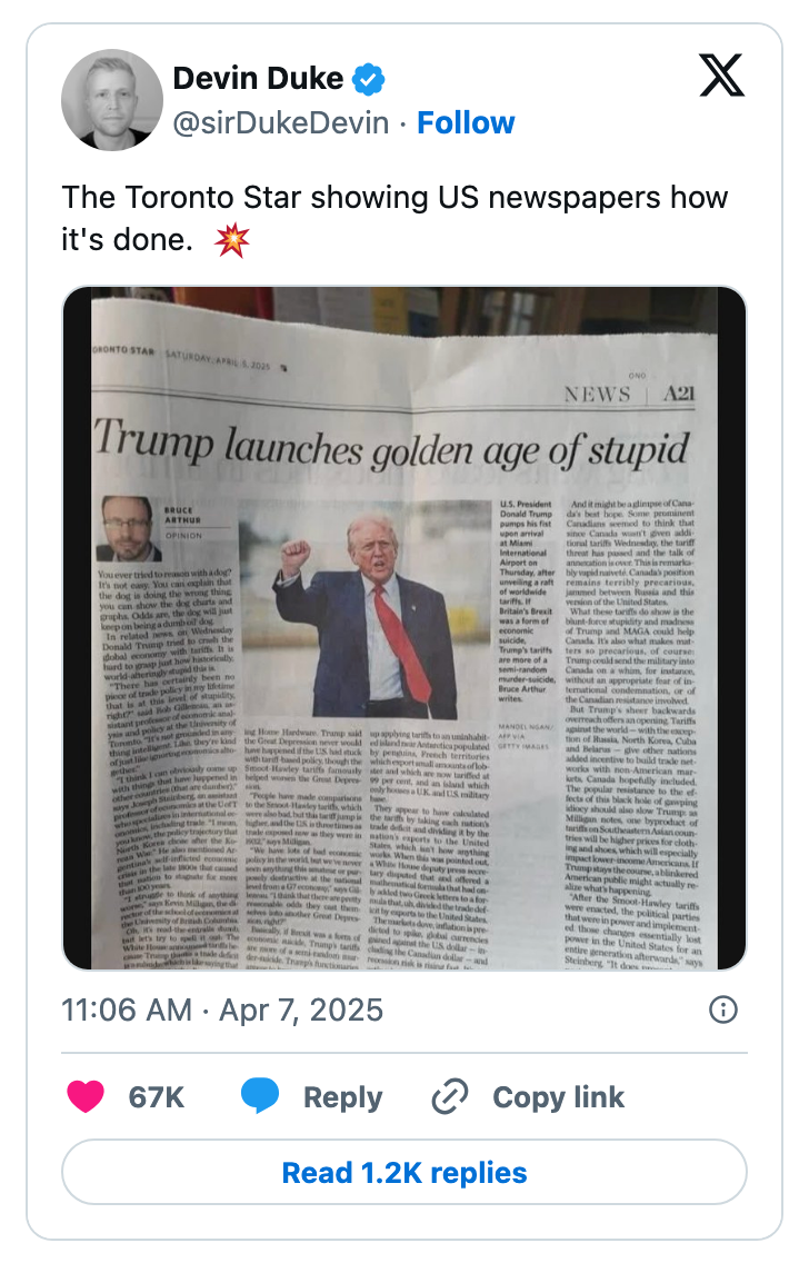 Newspaper page with an article titled "Trump launches golden age of stupid," discussing political commentary
