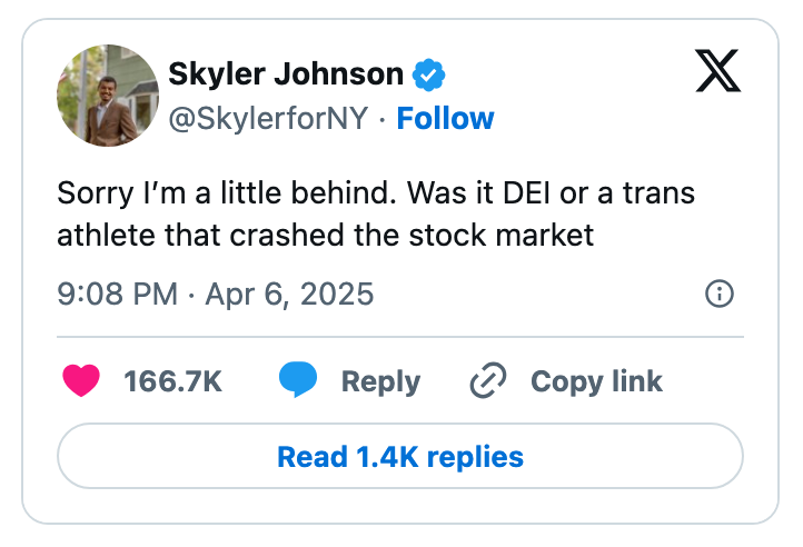 Tweet from Skyler Johnson: "Sorry I'm a little behind. Was it DEI or a trans athlete that crashed the stock market?"