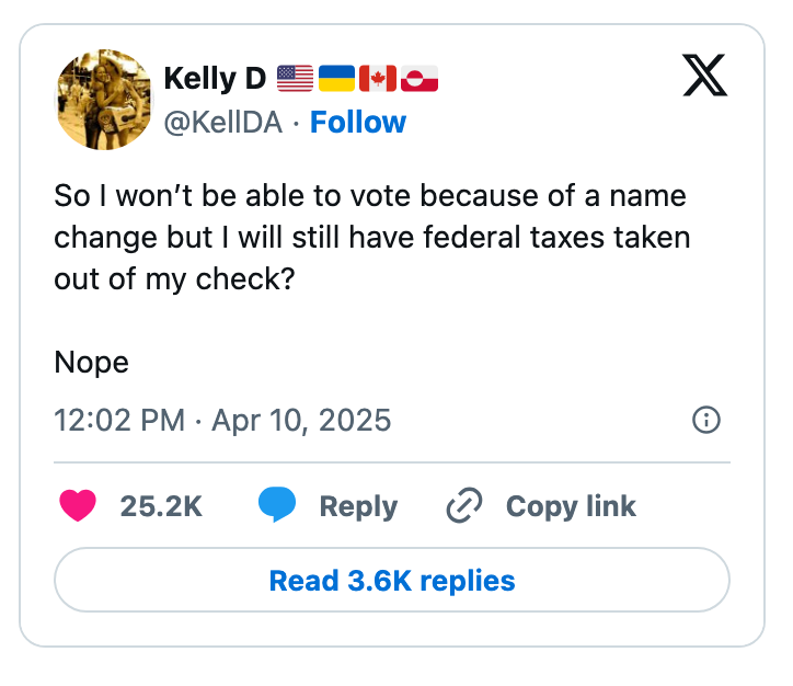 Social media post questioning voting ability due to name change while still having federal taxes deducted