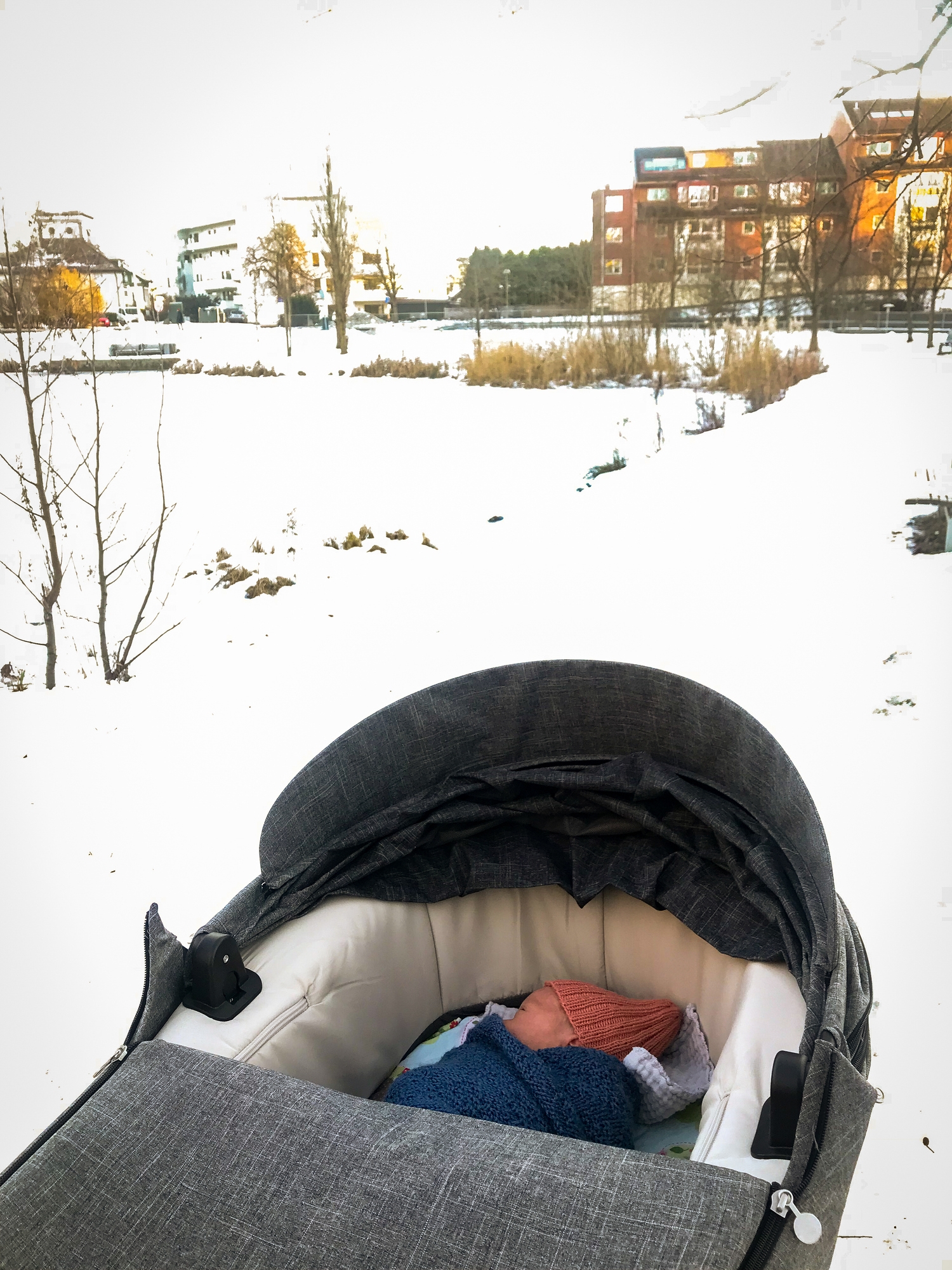 Baby sleeping in a stroller outdoors, surrounded by snow-covered landscape, with buildings in the background