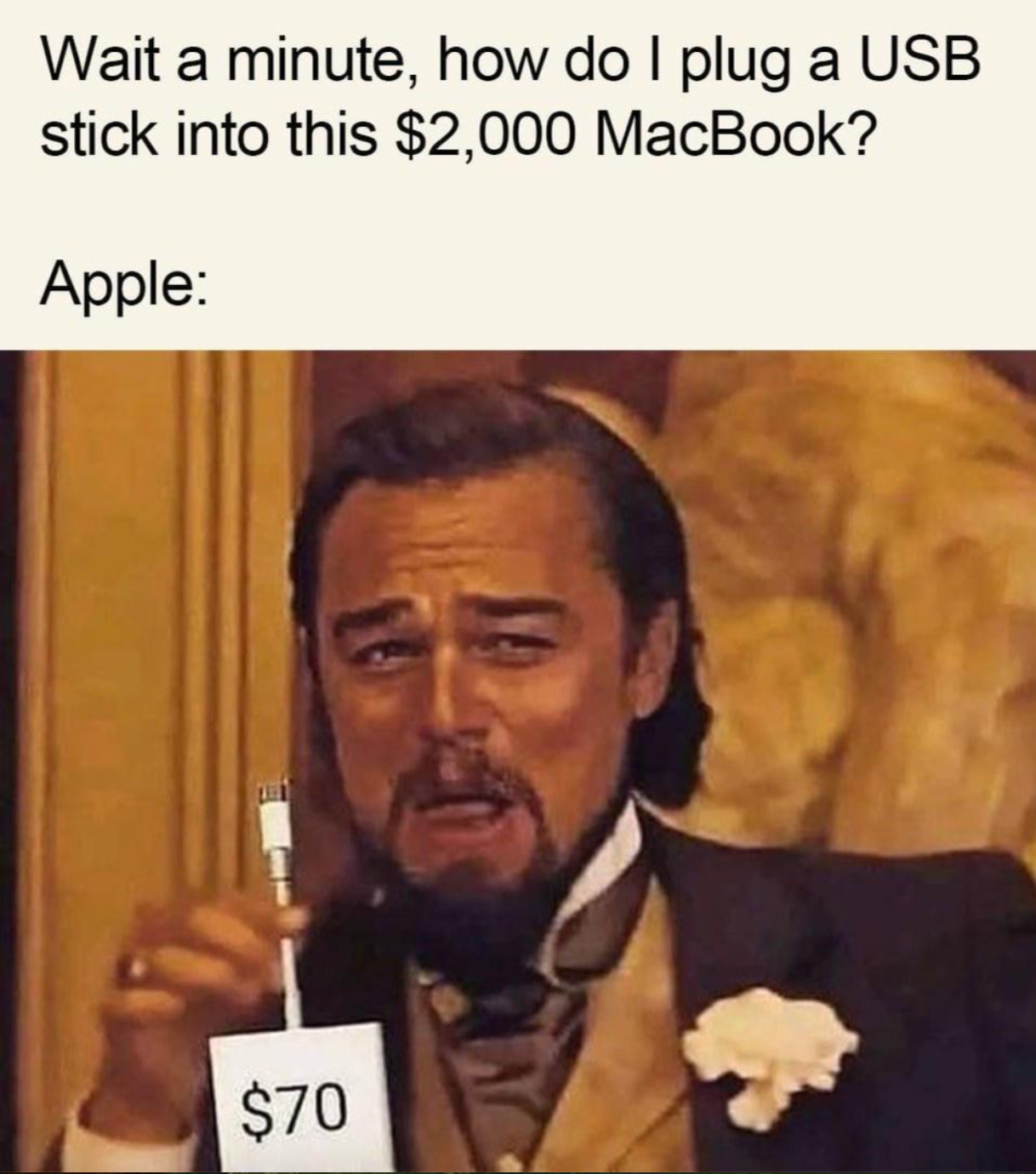 A meme showing a man holding a $70 adapter with text about plugging a USB stick into a $2,000 MacBook