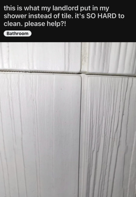 textured plastic wall panels in shower captioned "this is what my landlord put in my shower instead of tile"