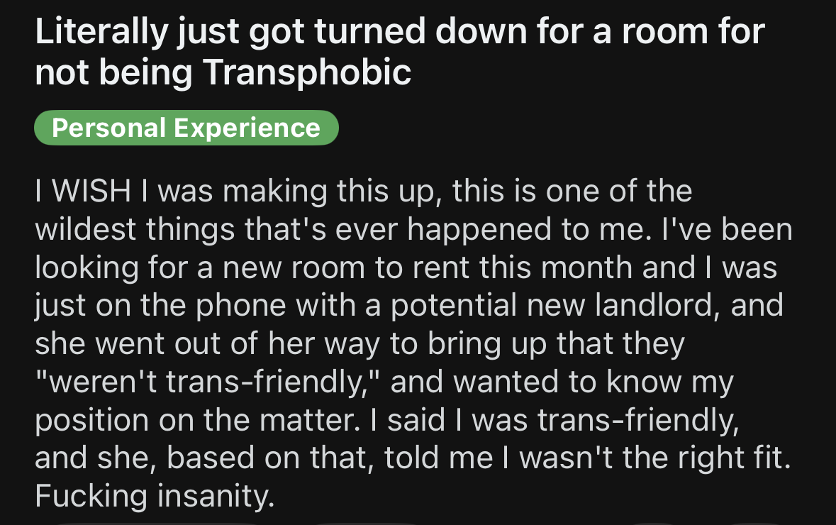 Reddit post about being denied room due to not being anti-trans