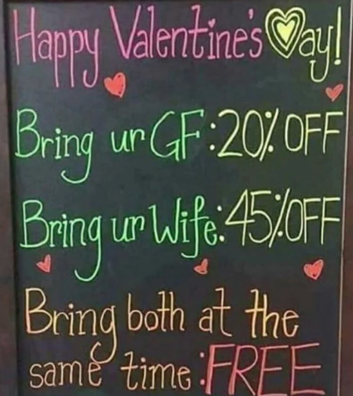 Sign advertising Valentine's Day restaurant discounts: 20% off with girlfriend, 45% off with wife, both are free