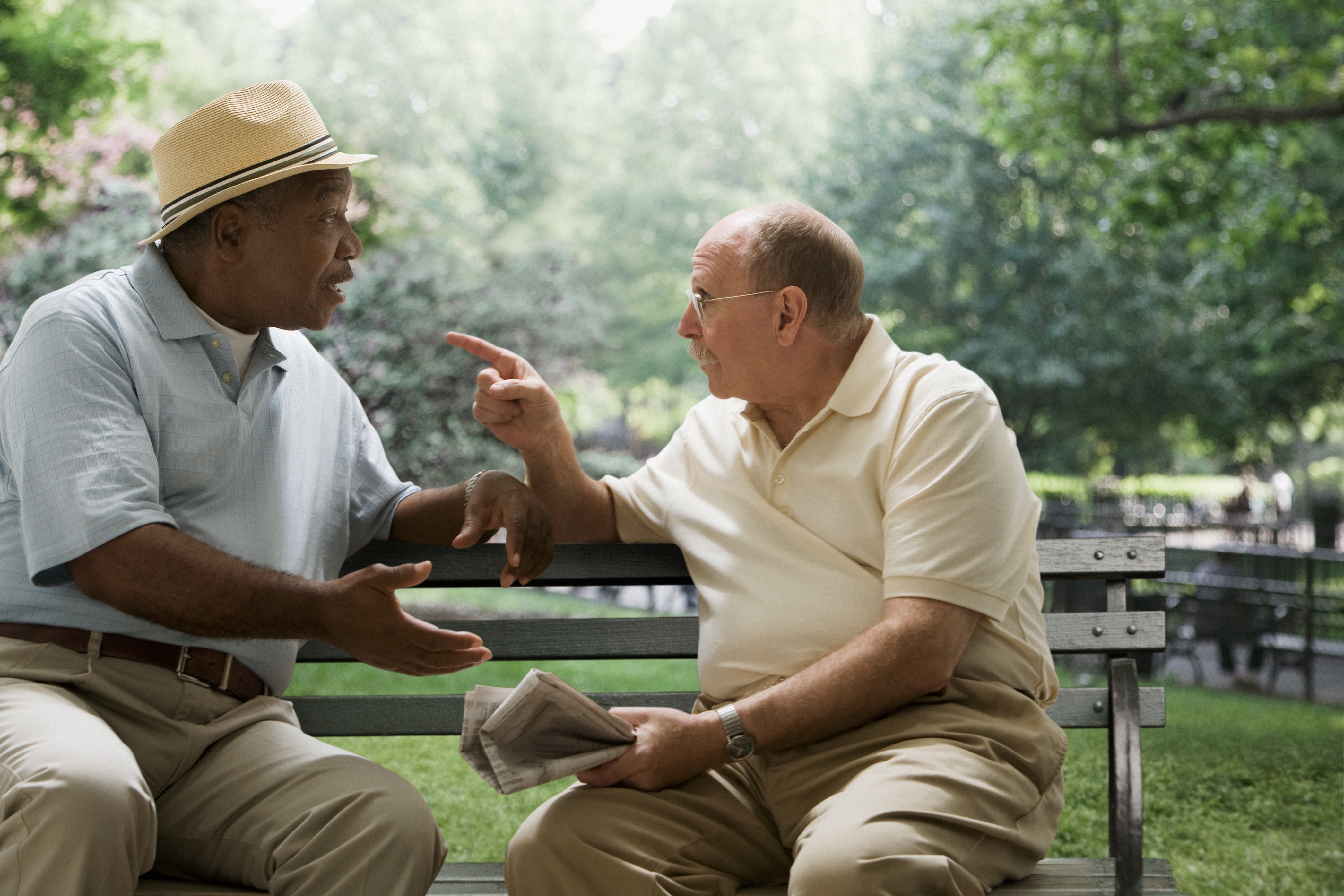Two older men sit on a park bench, engaged in an animated conversation. One gestures with his hand, while the other holds a newspaper