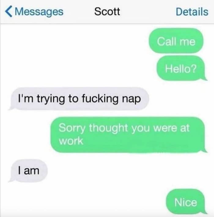 Text conversation: One person asks to be called, interrupts a nap, is told the other is at work, and replies sarcastically with "Nice."