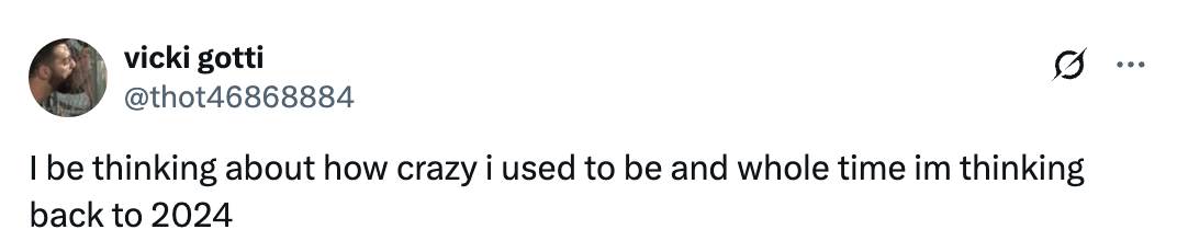 Tweet humorously reflecting on thinking back to future events labeled as 2024