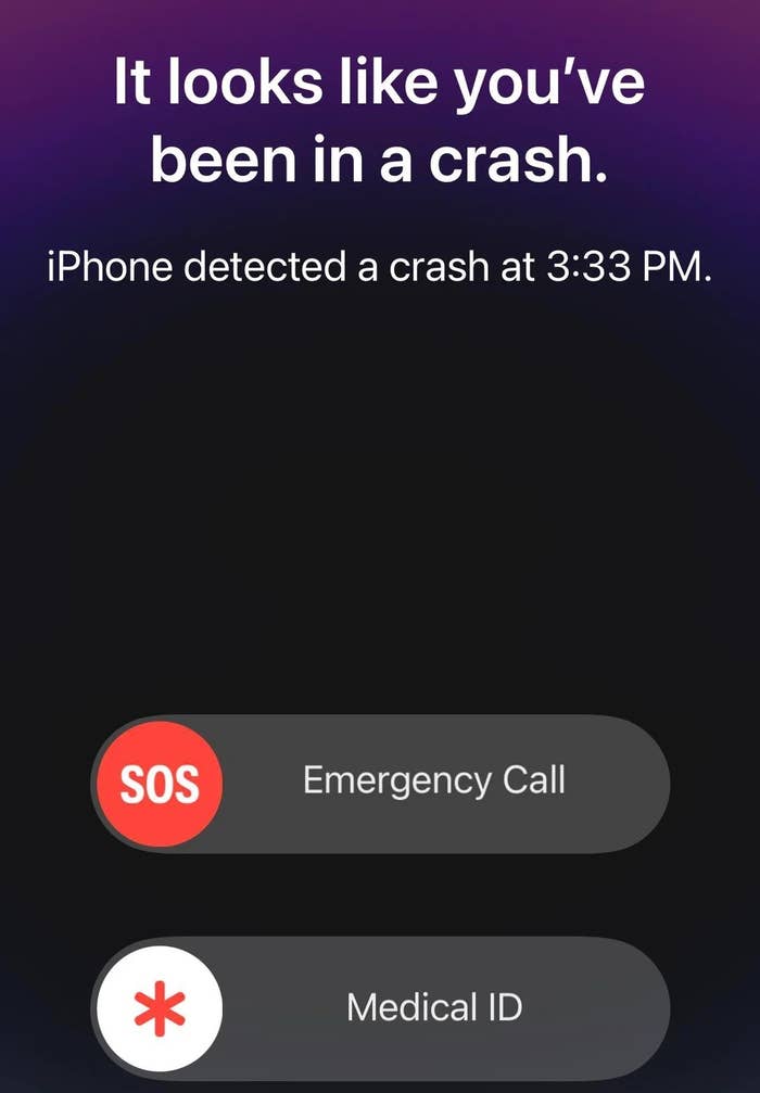 iPhone crash detection alert with options for "Emergency Call" and "Medical ID."