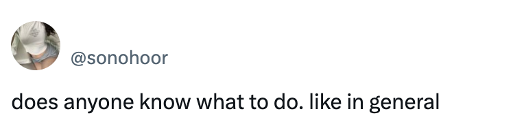 Tweet from @sonohoor: "does anyone know what to do. like in general"