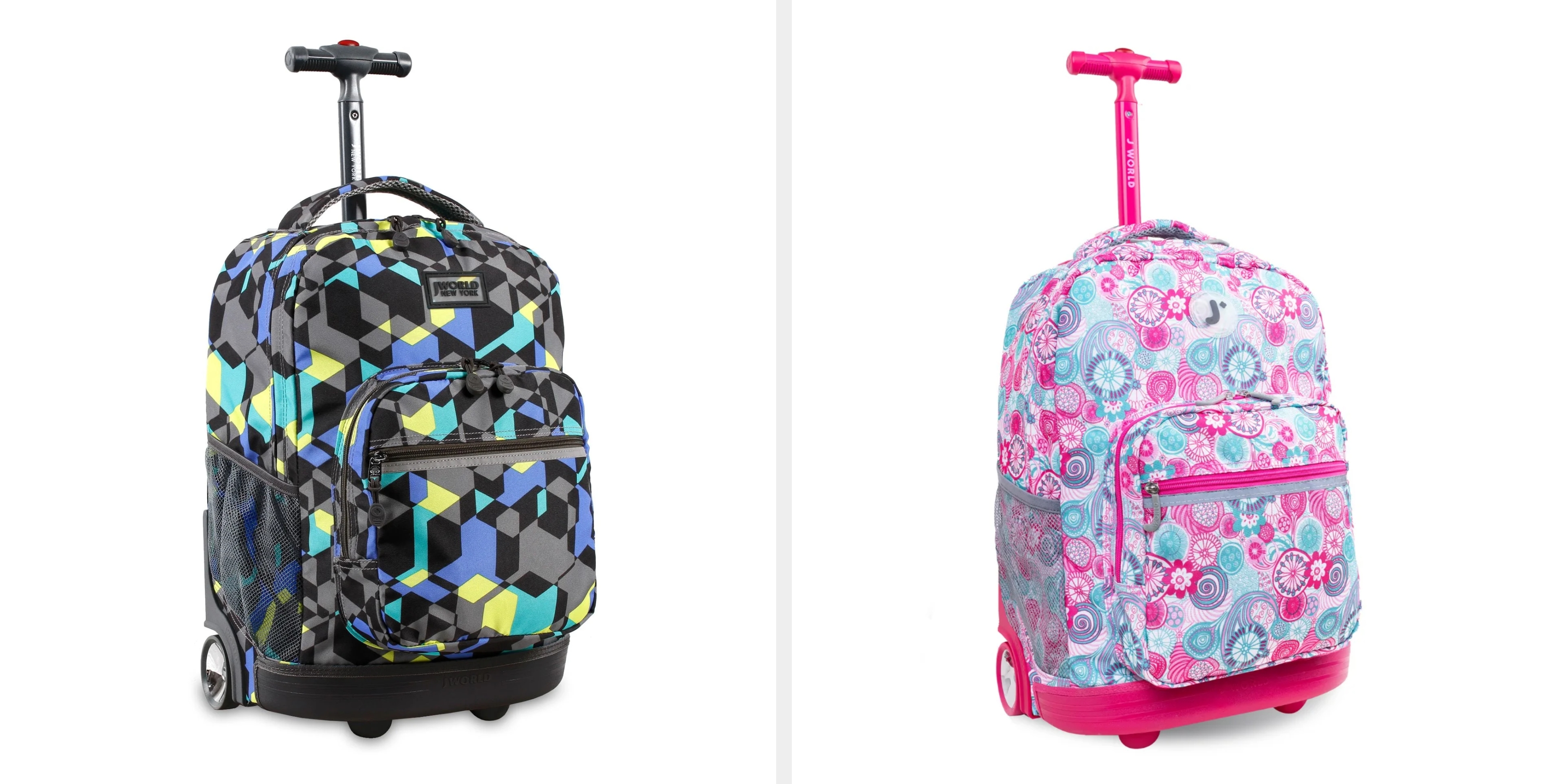 Two rolling backpacks: one with a geometric pattern, and the other with a floral design. Both have extendable handles and wheels for easy transport