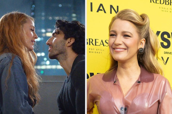 Two side-by-side images: Left, two actors in an intimate scene; right, a woman smiling on a red carpet wearing a shiny, stylish outfit