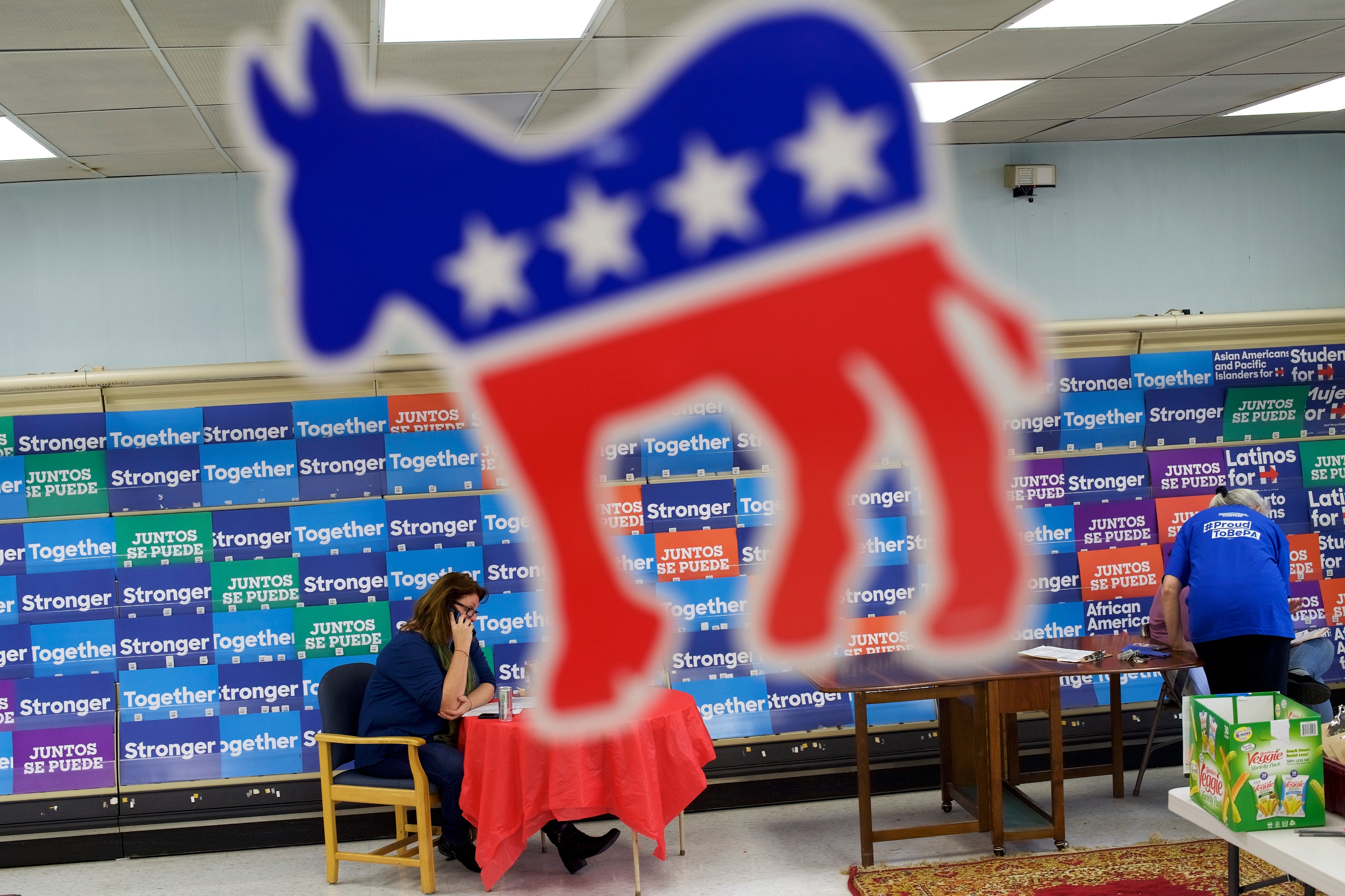 A large donkey cutout in the foreground with people at a "Stronger Together" event background focusing on Democratic campaign themes