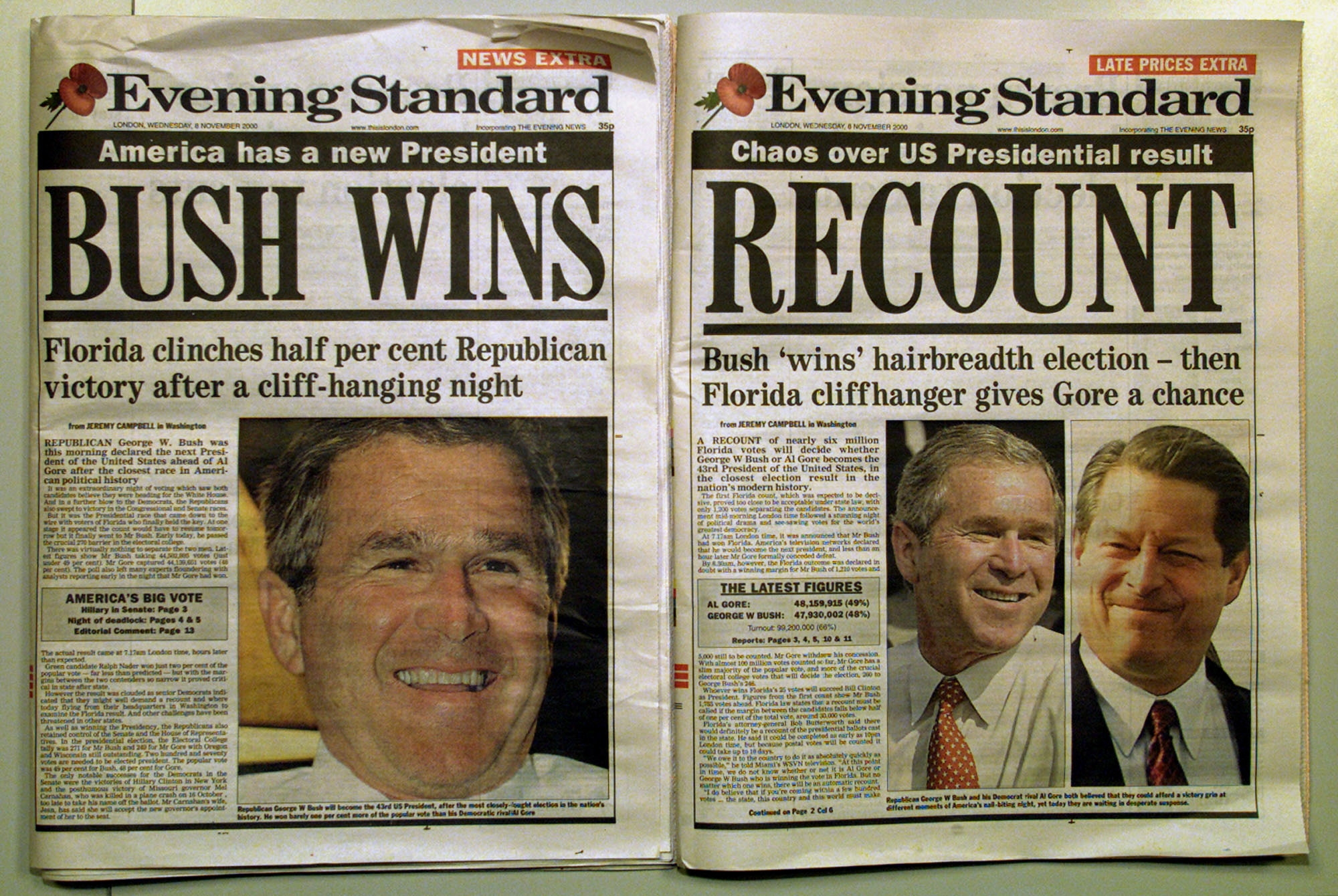 Two newspaper pages: "Bush Wins" headline on left; "Recount" headline on right with Bush and Gore pictured