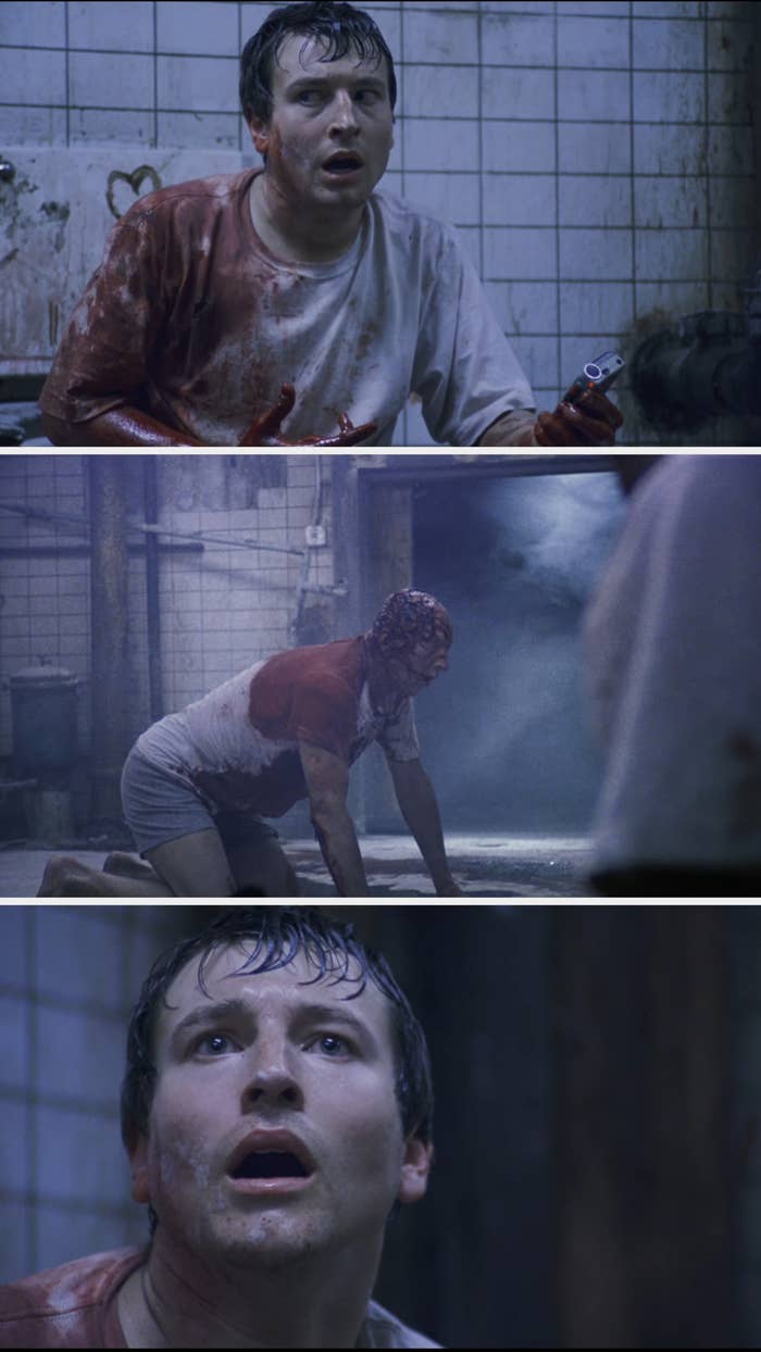 Person in bloodied shirt in a grimy, tiled room, looking shocked, holding a saw in one image, and crawling on the floor in another