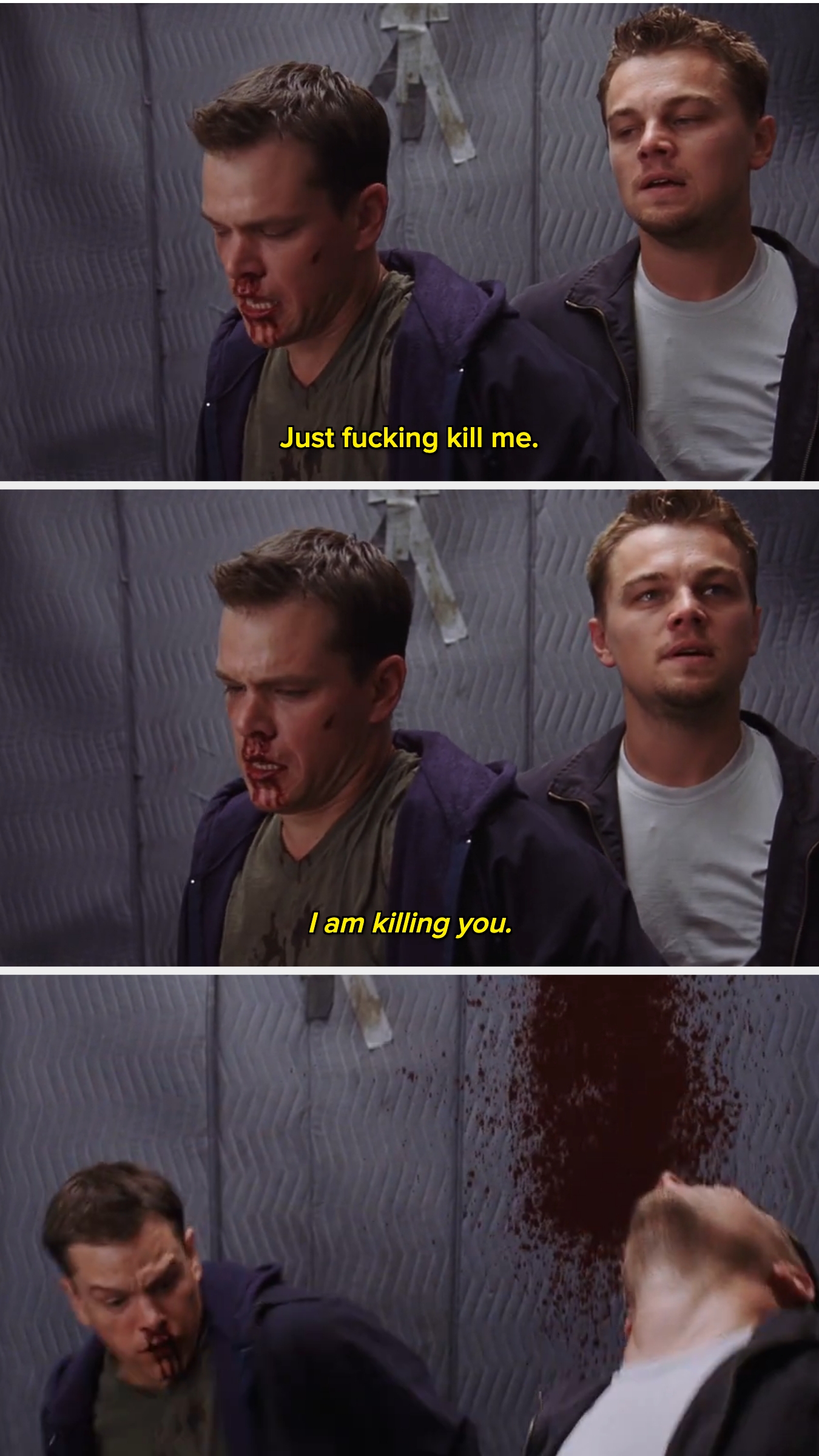 Three panels from a crime movie scene: A character with a bloody face talks to another before being fatally shot in an elevator