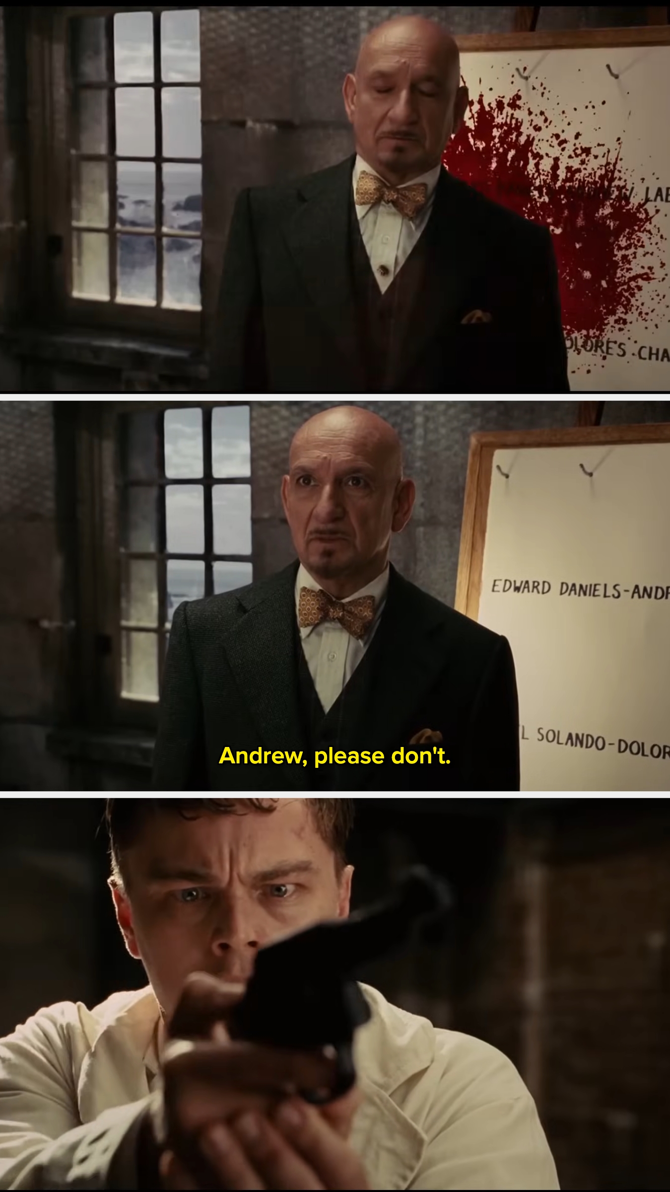 Three movie scenes depicting an older man warning someone named Andrew, who is holding a gun. Tense and dramatic atmosphere