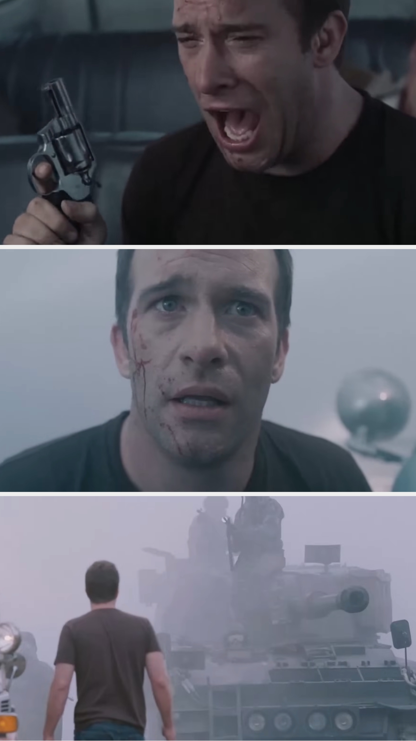 A man holding a revolver looks distraught, then appears bloodied and shocked, and finally stands facing an advancing military tank in a foggy setting