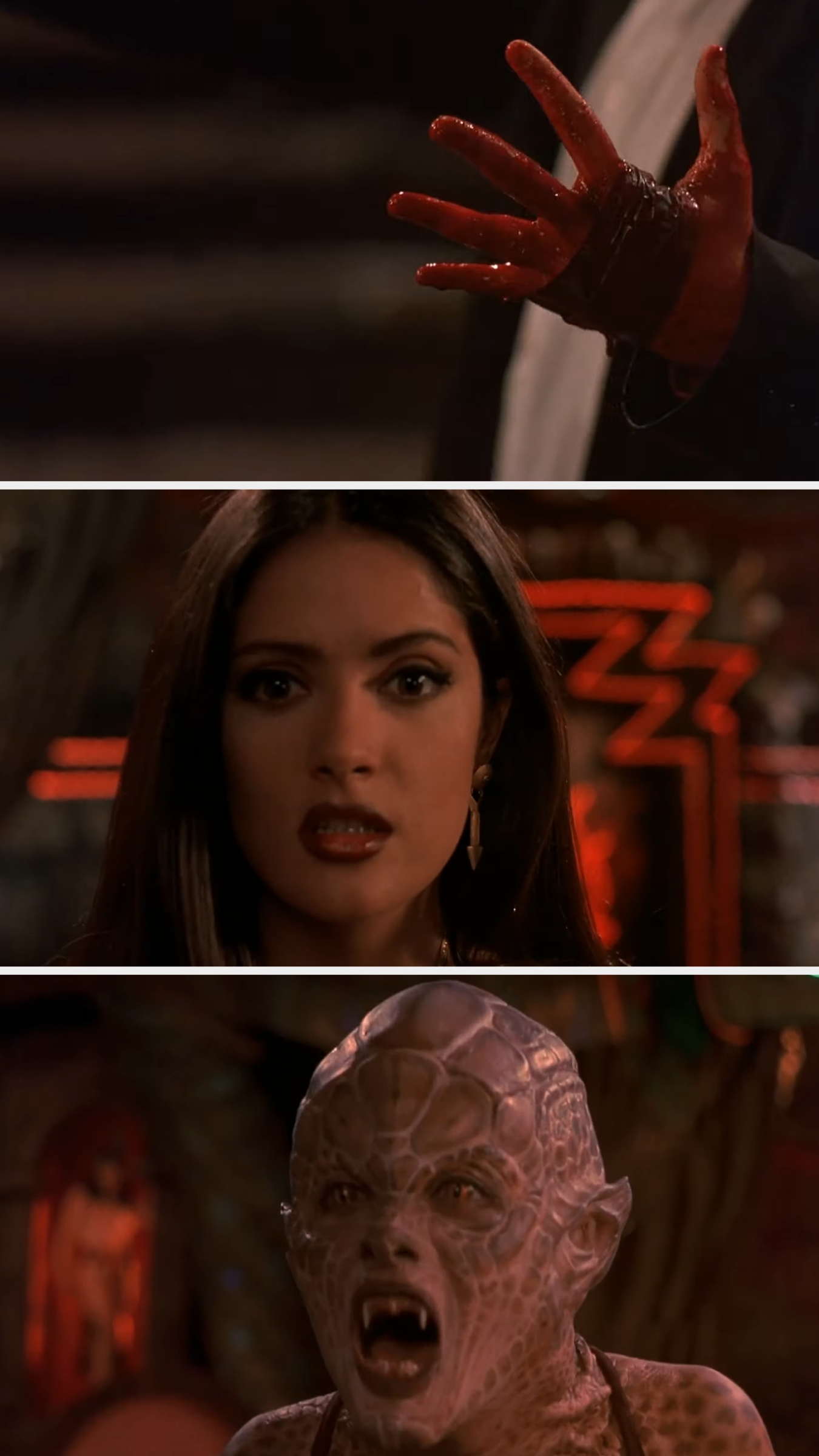 A scene from a movie shows a person with a bloody hand, a surprised woman, and a menacing creature with scaly skin