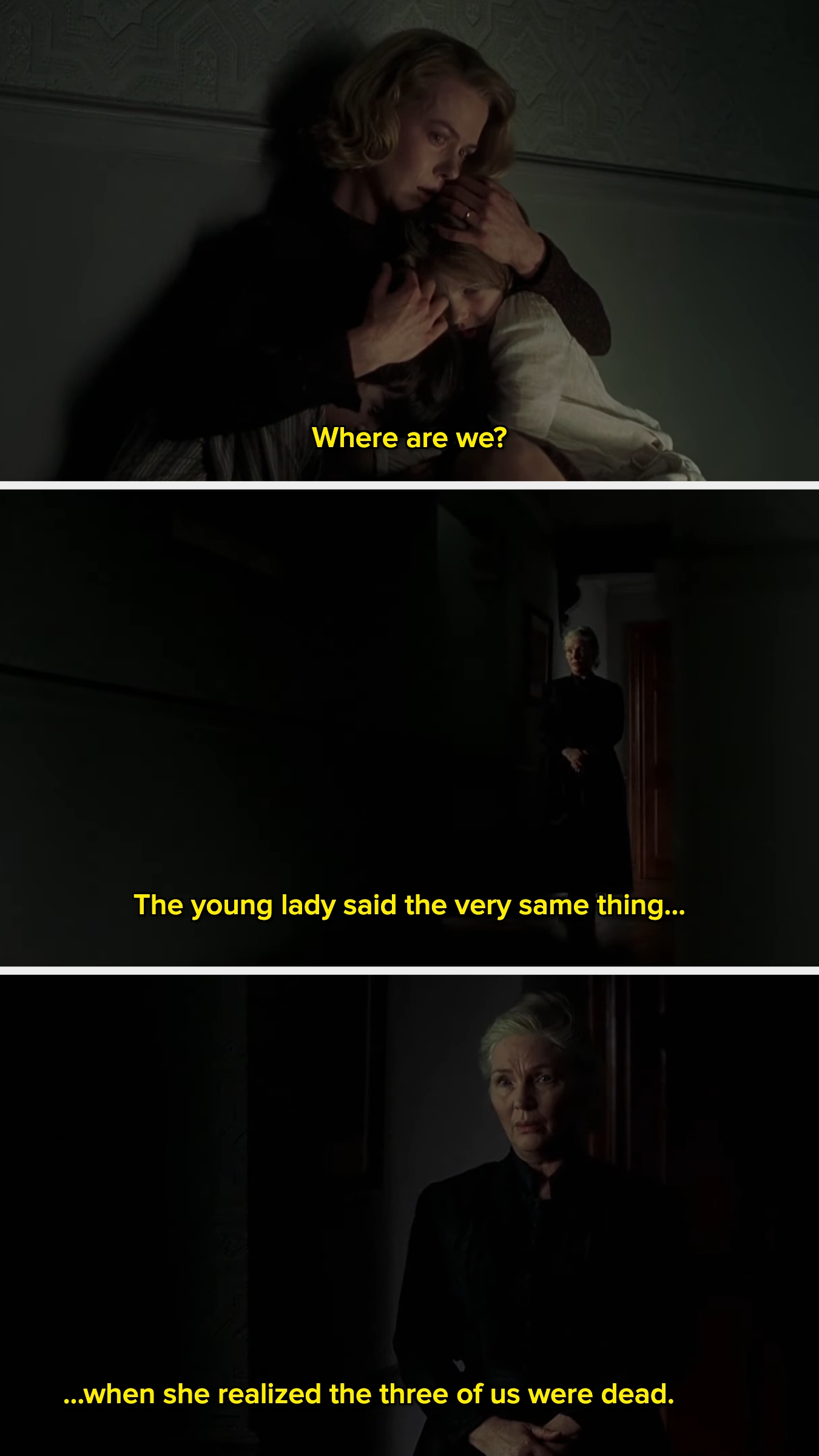 A woman comforts a child in a dim room, followed by a figure narrating about someone realizing they were dead