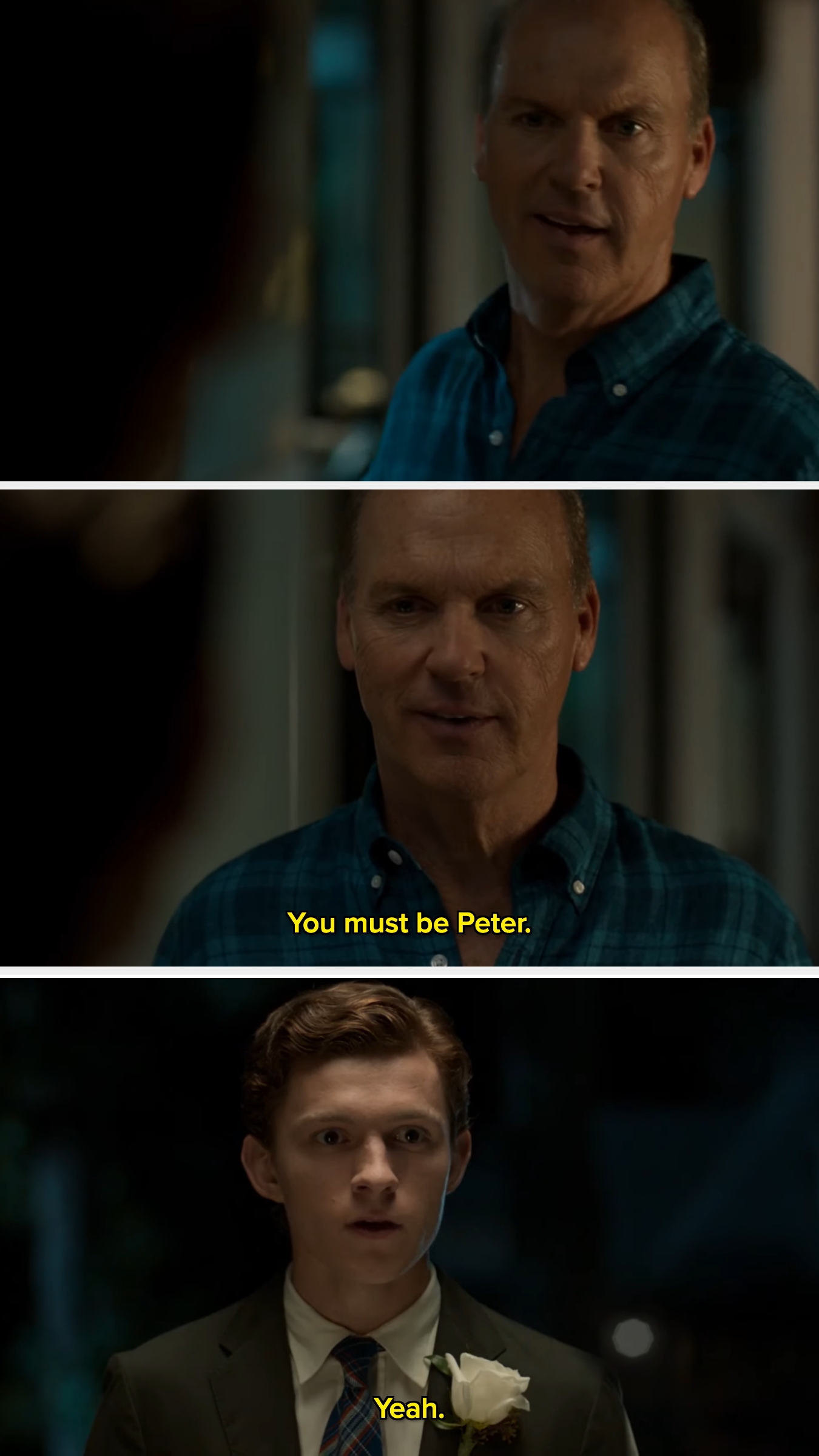 Two people, one older in a plaid shirt and one younger in a suit with a flower, exchanging lines: "You must be Peter." "Yeah."