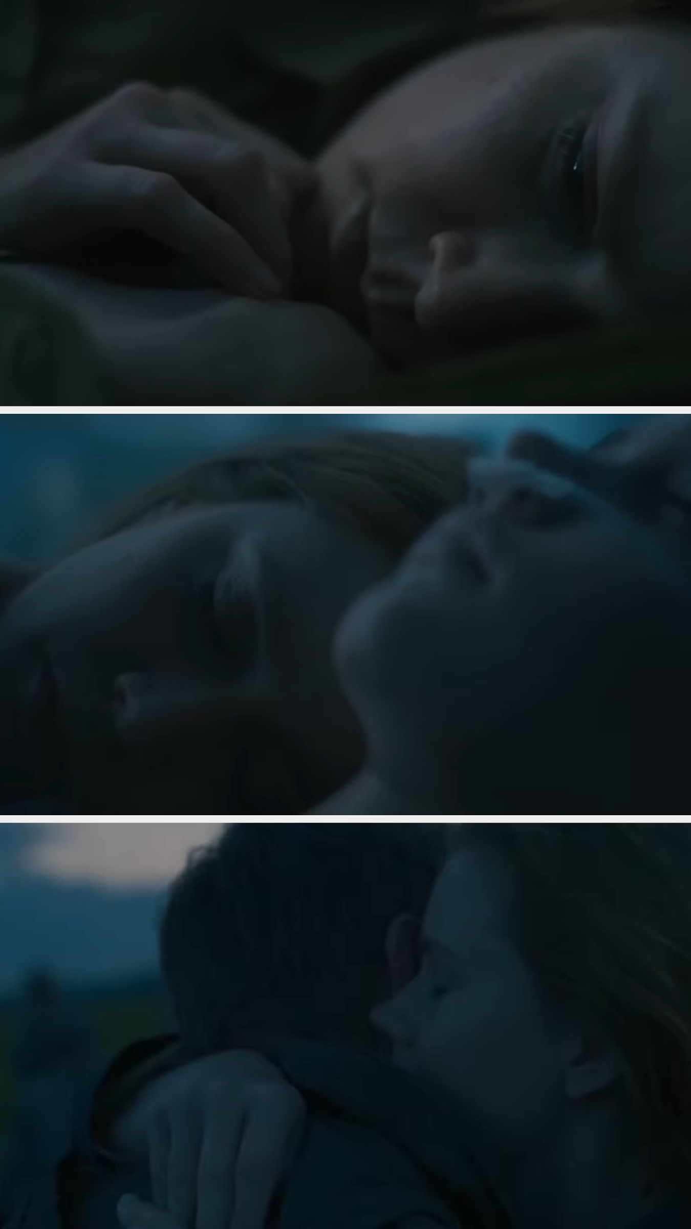 Three images: A person lying down softly touches another's head, they rest closely together, and they embrace outdoors