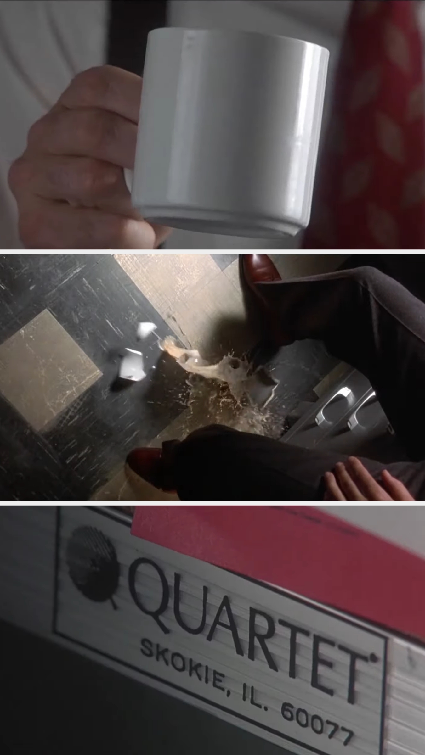 Man drops and spills coffee on floor near a Quartet company shipping box from Skokie, IL, 60077