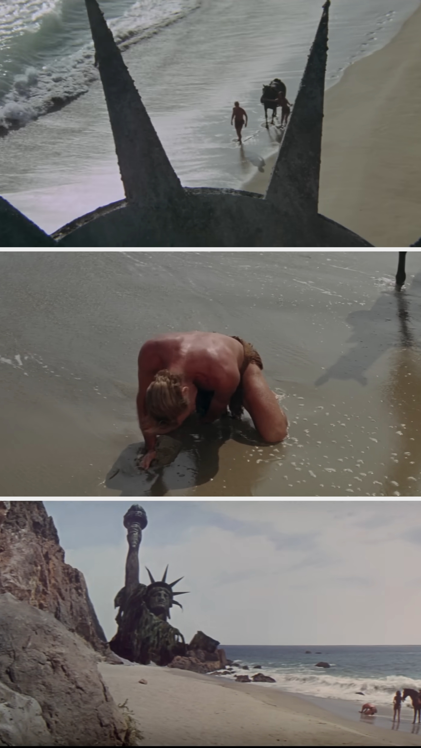 A man kneels on a beach near the ruins of the Statue of Liberty, suggesting a dramatic realization about his location