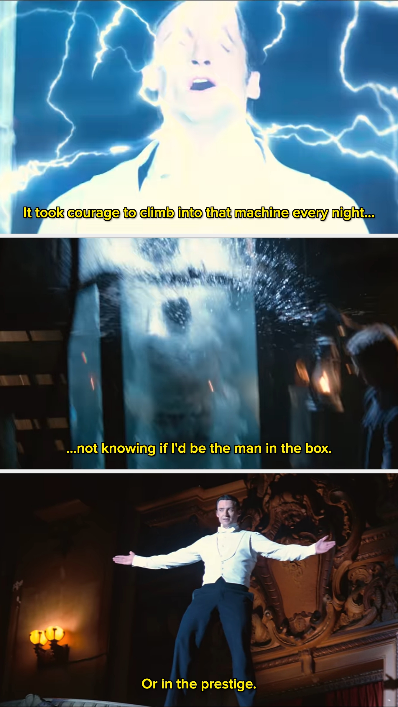 Scene from a film showing a man involved in a dramatic event related to a machine, with text reflecting on courage and uncertainty about identity