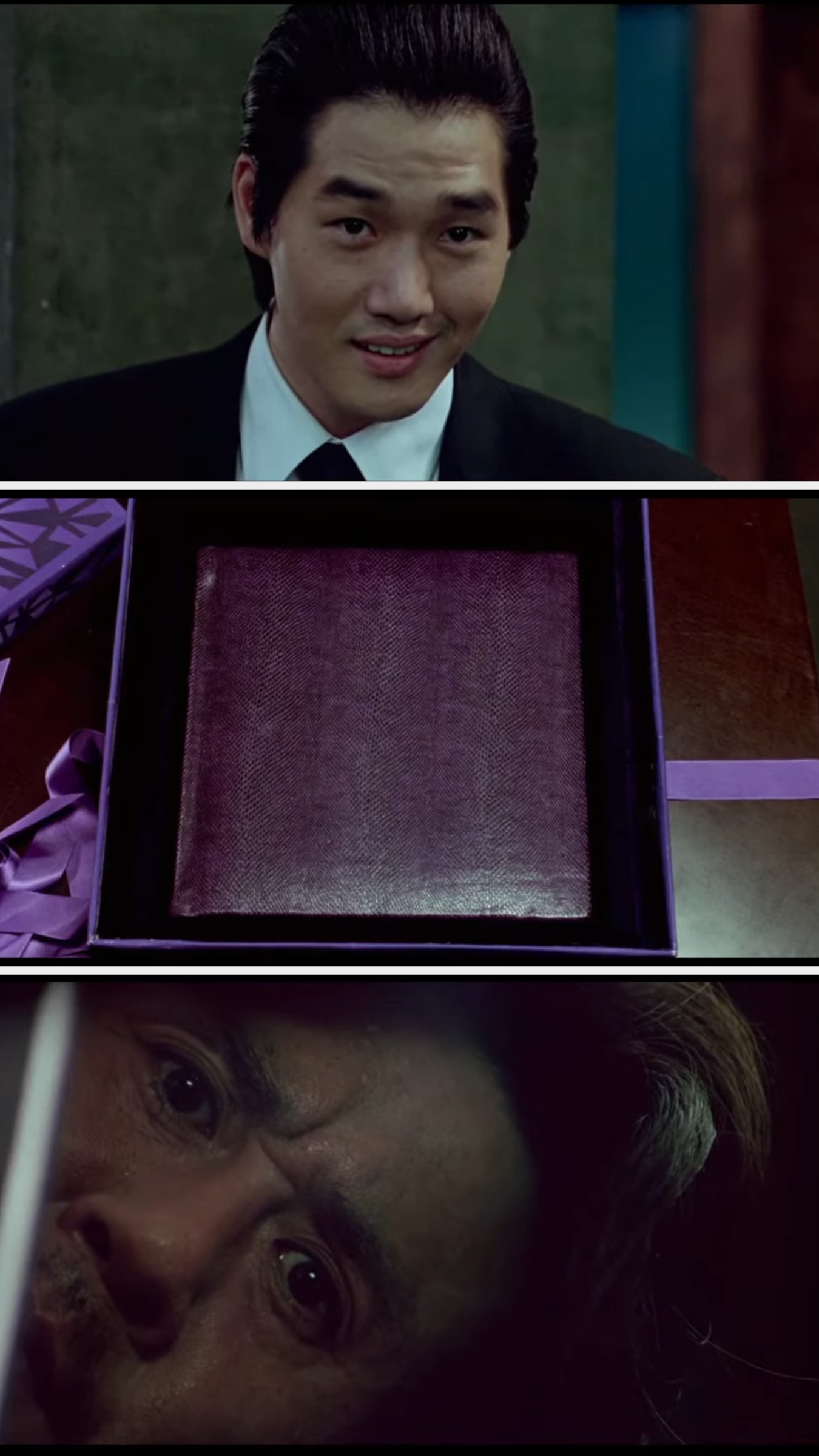 A person in a suit smiles; a box with a dark object inside; a close-up of another person's concerned face